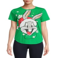 Bugs Bunny Women'sенска Божиќна графичка маица со кратки ракави