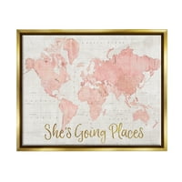 Stuple industries Таа оди на места Цитат розово акварел Светски мапа металик злато врамена пловечка платно