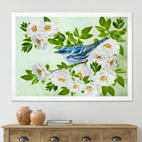 DesignArt 'Мала сина птица што седи на гранка на растително растение од бела роза' Традиционално врамен уметнички